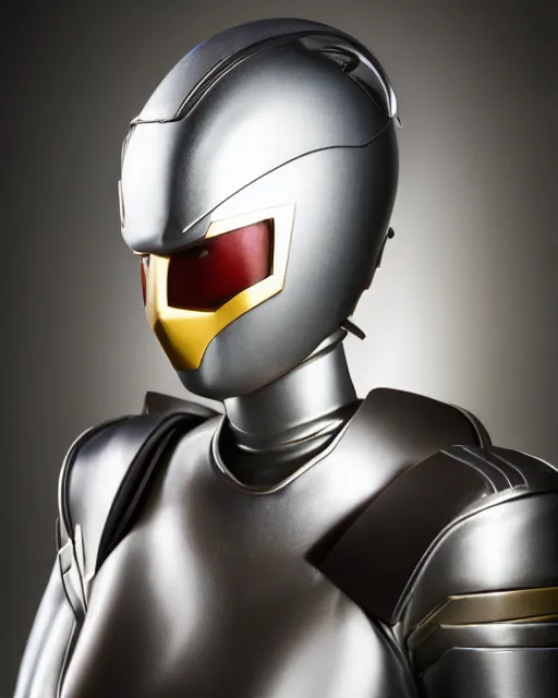 Prompt: realistic photo portrait of a metal hero sentai woman with human head, studio lighting, 1 5 0 mm