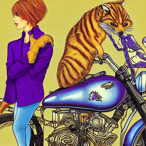 Prompt: a color ink drawing by escher of a slender beautiful woman with straight ginger hair and bangs, wearing purple leathers and gold helmet, posing with large ginger tabby and raccoon on a motorcycle in front yard, holding toasted brioche bun, dramatic lighting