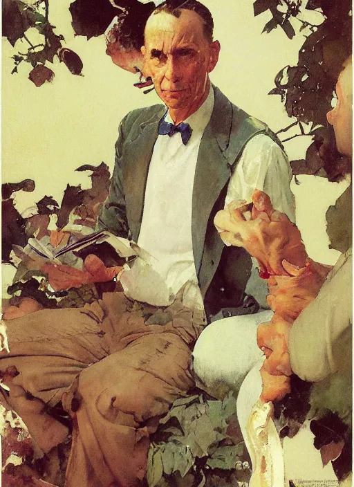 Prompt: illustration upper body and head portrait of elegant man in summer dress, by norman rockwell, roberto ferri, daniel gerhartz, edd cartier, jack kirby, howard v brown, ruan jia, tom lovell, frank r paul, jacob collins, dean cornwell, pulp 5 0 s scifi