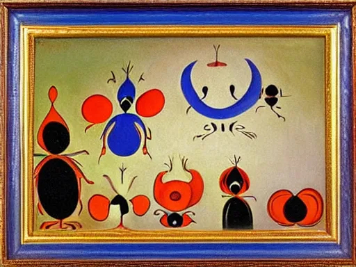 Prompt: oil painting of strange beings in a temple, Joan Miro