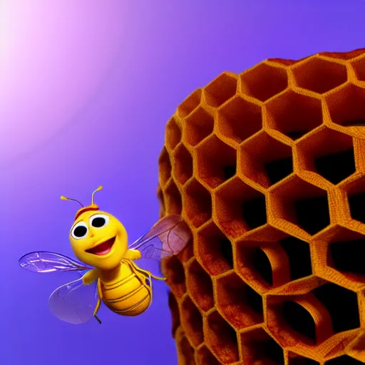 Image similar to 3d render pixar cartoon honey bee with an afro inside of a honeycomb dripping with honey hd octane render