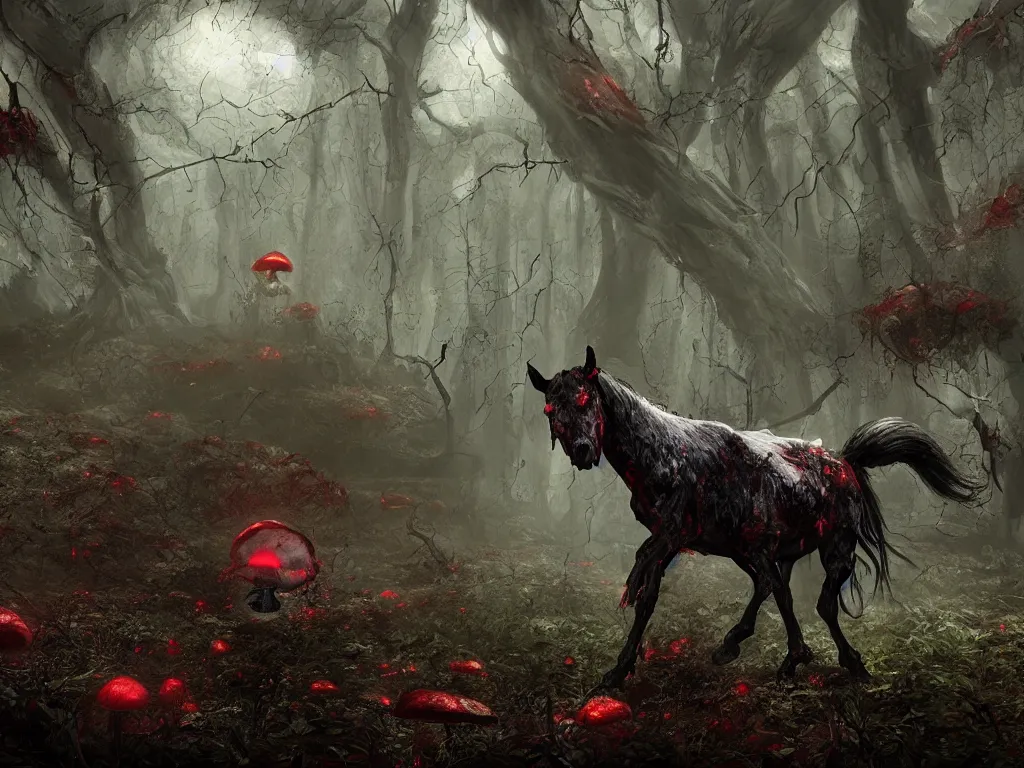 Image similar to Evil zombie horse with red eyes, in a dark toxic mushroom forest. 4K. Concept art. Unreal engine. Highly detailed. Style of Lovecraft.