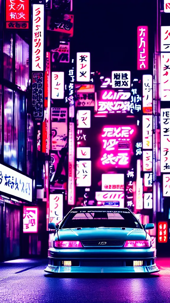 Image similar to a car drift spec JZX100 in middle of road, shibuya prefecture, city midnight neon lights, cinematic color, photorealistic, highly detailed