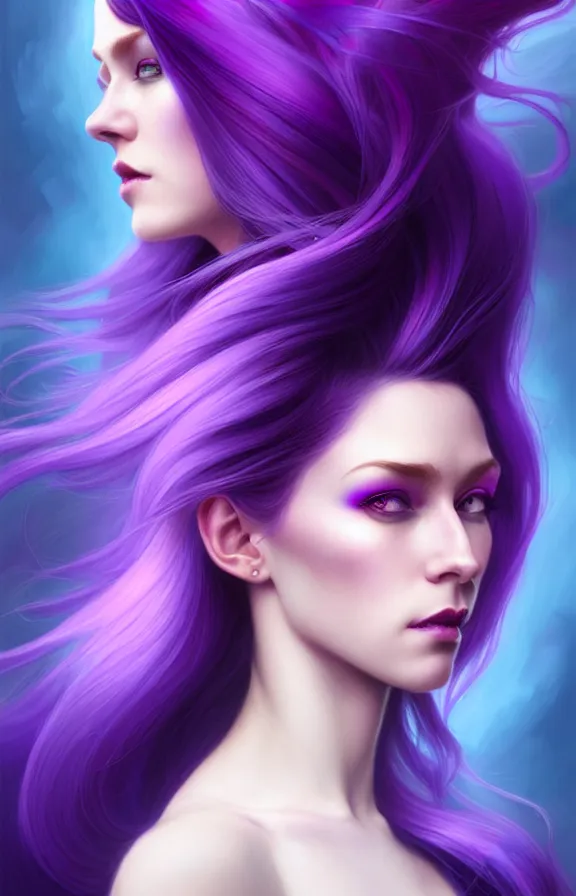 Image similar to Purple hair relistic Portrait of a woman with bright colored flying hair, all shades of purple. Hair coloring, long hair, blue eyes, fantasy, intricate, elegant, highly detailed, digital painting, artstation, concept art, smooth, sharp focus, illustration, art by artgerm and greg rutkowski and alphonse mucha