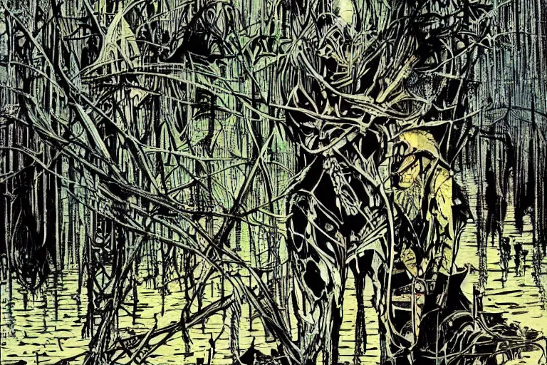 Image similar to scene from louisiana swamps, true detective, artwork by philippe druillet