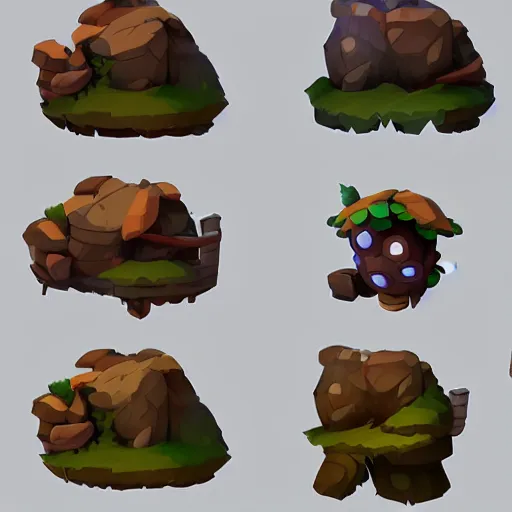 Prompt: A game assets spritesheet from dofus Online, Ori and the blind forest and mobile. HD vector Containing modular props, terrain, trees, 2d side view, platform, vector art, very detailed