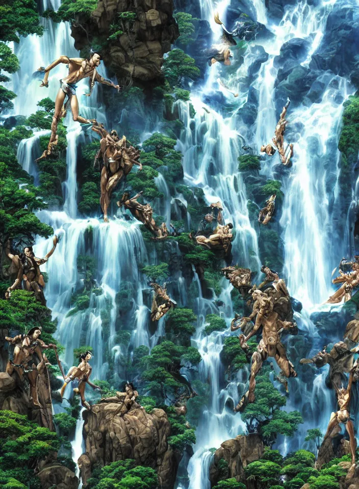 Prompt: avatar movie, sky, waterfalls, tall big rocks, high detailed, dramatic light, art by Hajime Sorayama