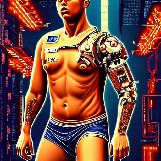 Image similar to ultra realist intricate detailed pin - up painting of ronaldo nazario as a single rugged cyborg male, and cyborg tech on body and legs, symmetry accurate features, cyberpunk, industrial, apocalyptic, very intricate details, focus, high resolution, 8 k resolution, dramatic lighting, artstyle hiraku tanaka, award winning