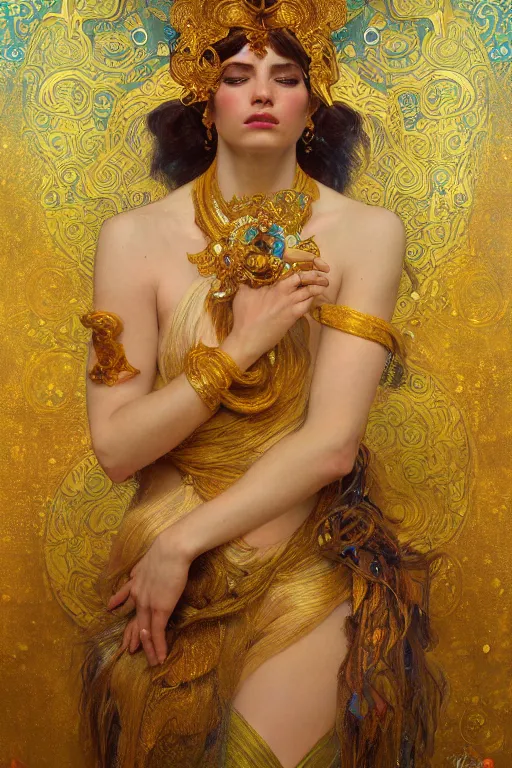 Prompt: an intricate artistic pose painting of a beautiful young goddess with an artistic sensual pose with klimt golden motives and textures, hyper detailed, ornamental gold headpiece, octane render, vivid colors, artstation, by jeremy mann, by alphonse mucha, by boris vallejo