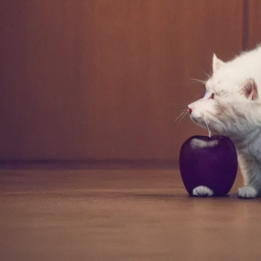 Prompt: a fuzzy cat stalks an apple