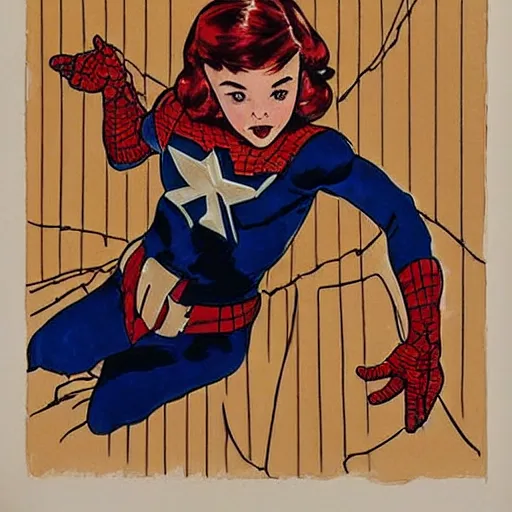 Image similar to a little girl with a mischievous face and light brown curly wavy hair. she is dressed as captain america, spider - man, batman, captain marvel, a superhero. well composed, clean elegant painting, beautiful detailed face. by steve ditko and jack kirby and alphonse mucha