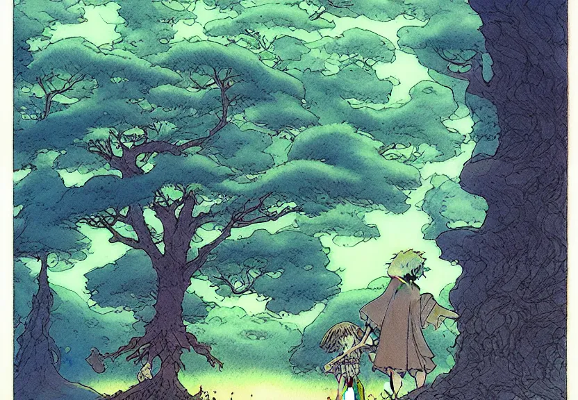 Image similar to a simple watercolor fantasy concept art of a dark grey cube next to a tree at night. by studio ghibli, rebecca guay, michael kaluta, charles vess