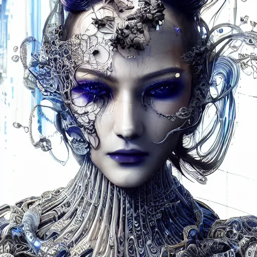 Image similar to the portrait of an absurdly beautiful, graceful, elegant, sophisticated, fashionable cyberpunk gravure idol, an ultrafine hyperdetailed illustration by kim jung gi, irakli nadar, vania zouravliov, intricate linework, bright colors, porcelain skin, blue eyes, unreal engine 5 highly rendered, global illumination, radiant light, detailed and intricate environment