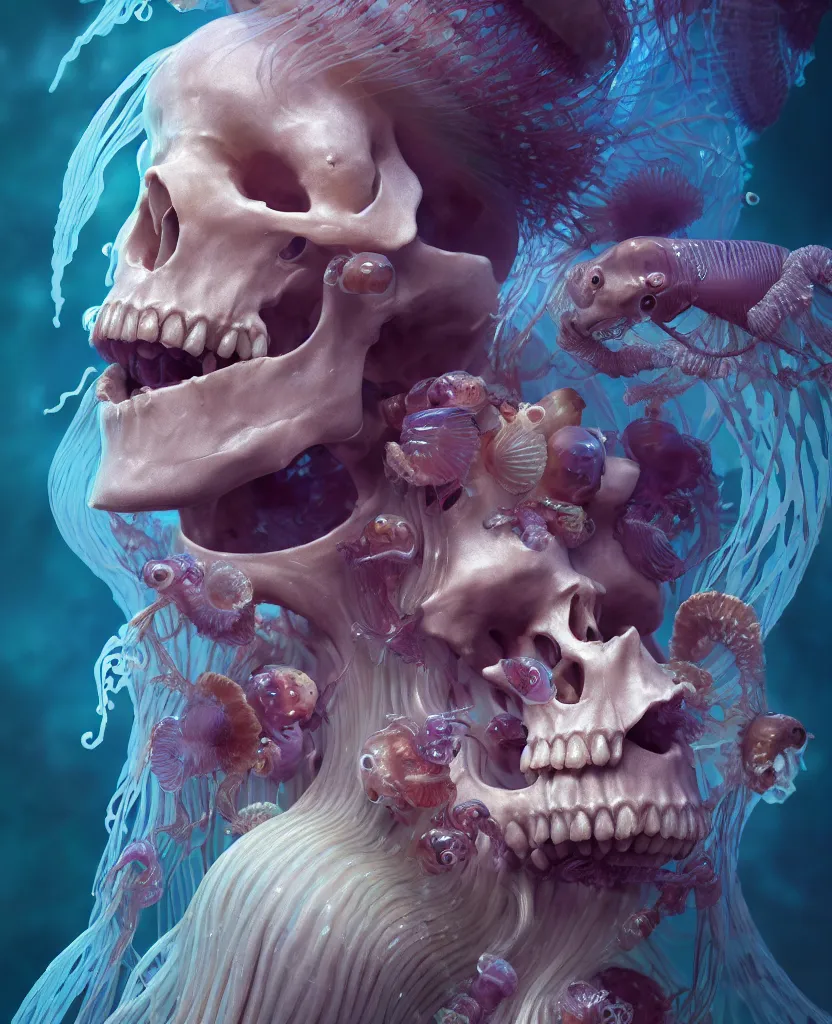 Image similar to goddess close - up portrait human skeleton, ram skull, jellyfish, orchid, betta fish, bioluminiscent, intricate artwork by tooth wu and wlop and beeple. octane render, trending on artstation, greg rutkowski very coherent symmetrical artwork. cinematic, hyper realism, high detail, octane render, 8 k