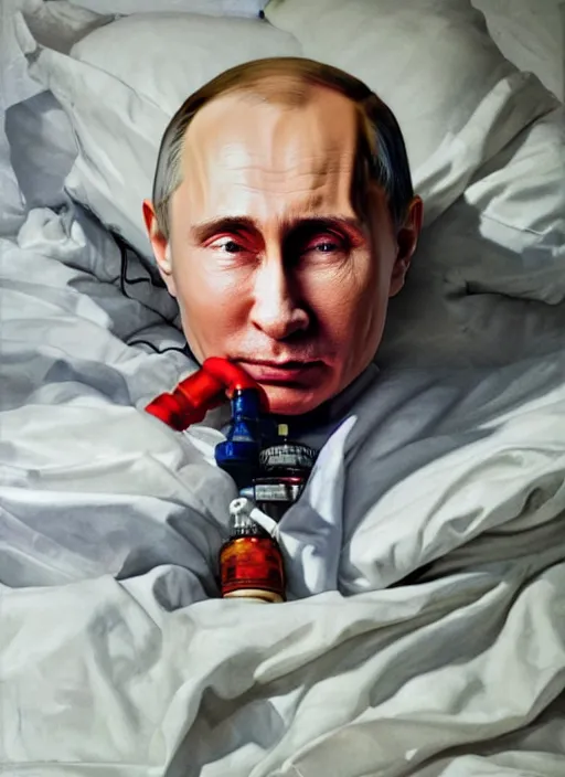 Image similar to a super very hyperrealistic oil painting of ill Vladimir Putin as a patient wearing an oxygen mask on a death bed inhaling from Copium tank that stand near his bed, visible face, by Laurie Greasley, Lawrence Alma-Tadema, Dan Mumford, artstation, deviantart, FAN ART, full of color, Digital painting, face enhance, highly detailed, 8K, octane, golden ratio, cinematic lighting