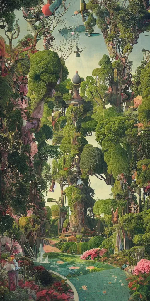 Image similar to bosch and beeple and beeple painting of a magnificent garden filled with remarkable sculptures, trees, and structures, incredible details