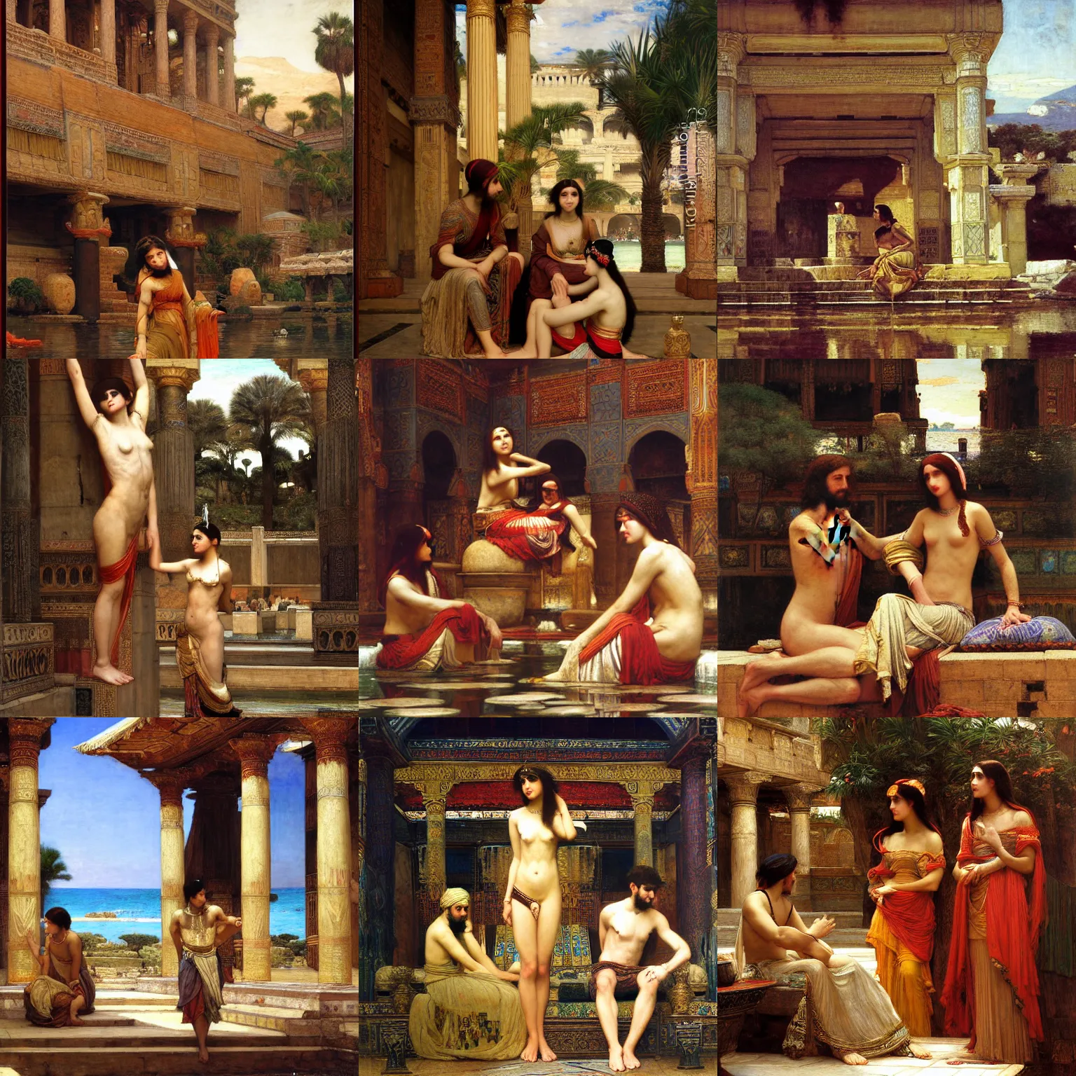 Prompt: the temple of clear waters orientalist painting by john william waterhouse and Edwin Longsden Long and Theodore Ralli and Nasreddine Dinet, oil on canvas. Cinematic, hyper realism, dramatic lighting, high detail 8k