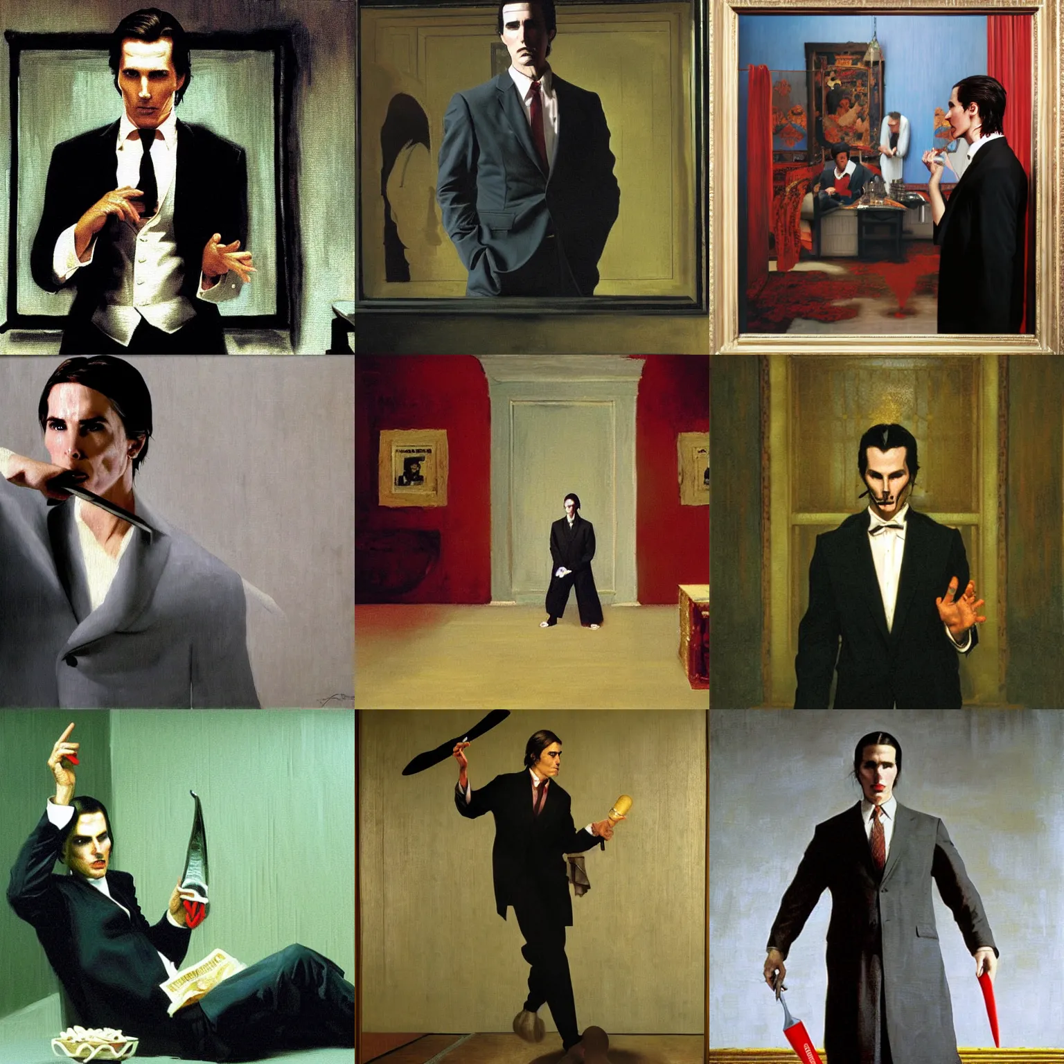 Prompt: orientalist painting of christian bale in american psycho ( 2 0 0 0 ) by jean - leon gerome and otto pilny and adrien henri tanoux