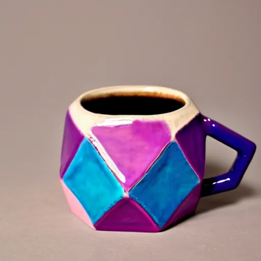 Prompt: geodesic triangle handbuilt ceramic mug with pink and purple pearlescent glaze