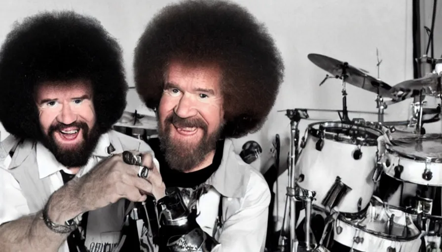 Image similar to Bob Ross performs in a Heavy Metal Band