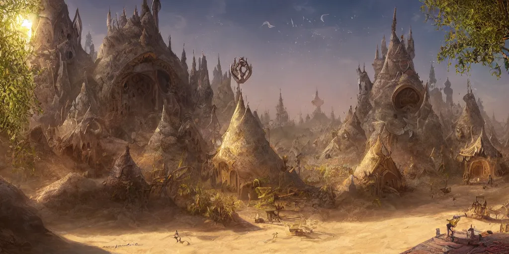 Prompt: fantasy town ornate, arabic elements, sand, on a flying rock, jangjiajie, shining sun, witch hut, circus, river, guilds, magic, sunlight rays, with trees and plants around Darek Zabrocki, Karlkka, trending on Artstation, 8K