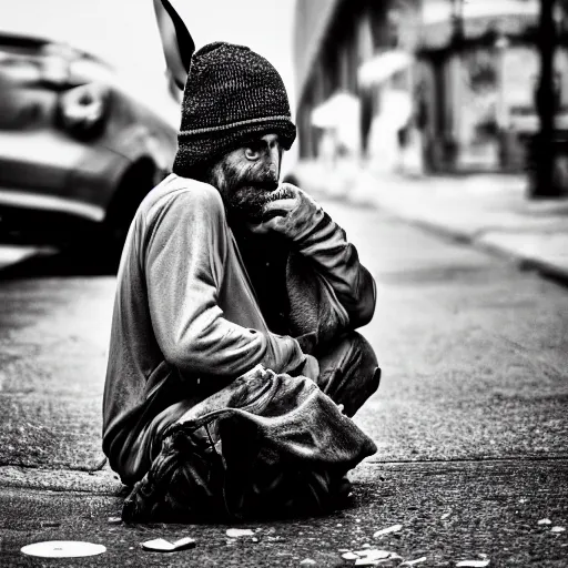 Prompt: candid photo of a real life homeless dirty minion living on the street, bum photography, detailed portrait shot, 35mm, lens, sony a7z, moody, sad, flickr, hyper realistic, real life, 4k, UHD