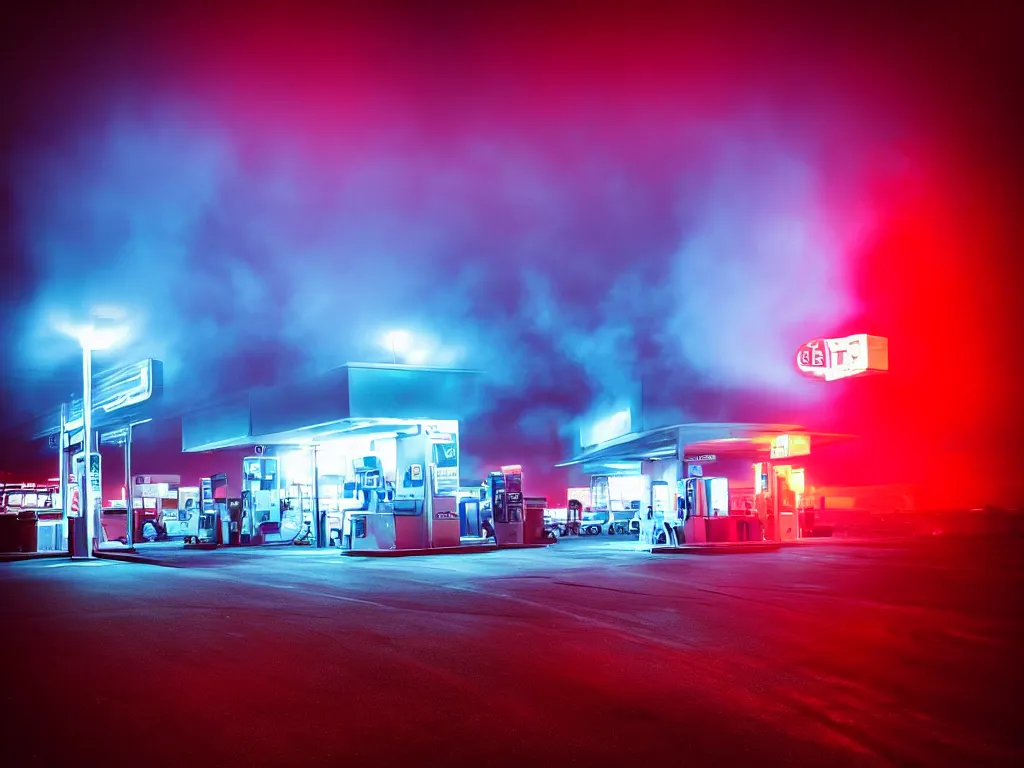 Prompt: “photography of gas station , fog, blue and red lights, night, mood, atmospheric, full of colour, digital photography”