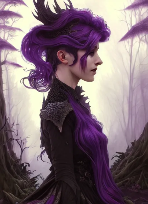Image similar to side portrait Melanie as dark witch, adventurer outfit large cloak, fantasy forest landscape, dragon scales, fantasy magic, undercut hairstyle, short purple black fade hair, dark light night, intricate, elegant, sharp focus, illustration, highly detailed, digital painting, concept art, matte, art by WLOP and Artgerm and Greg Rutkowski and Alphonse Mucha, masterpiece