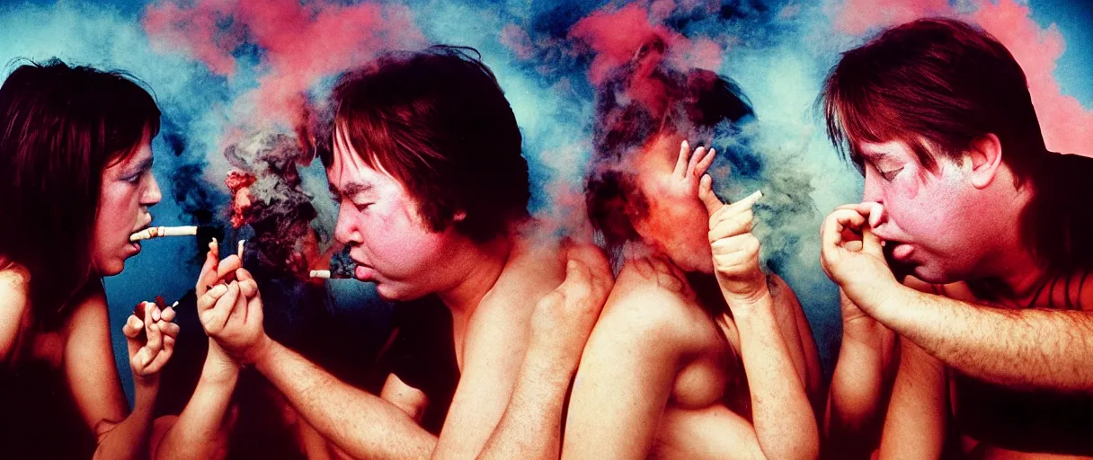 Prompt: award winning photo of BILL HICKS FIGHTING WITH HIS GIRLFRIENS smoking, vivid colors, happy, symmetrical face, beautiful eyes, studio lighting, wide shot art by Sally Mann & Arnold Newman