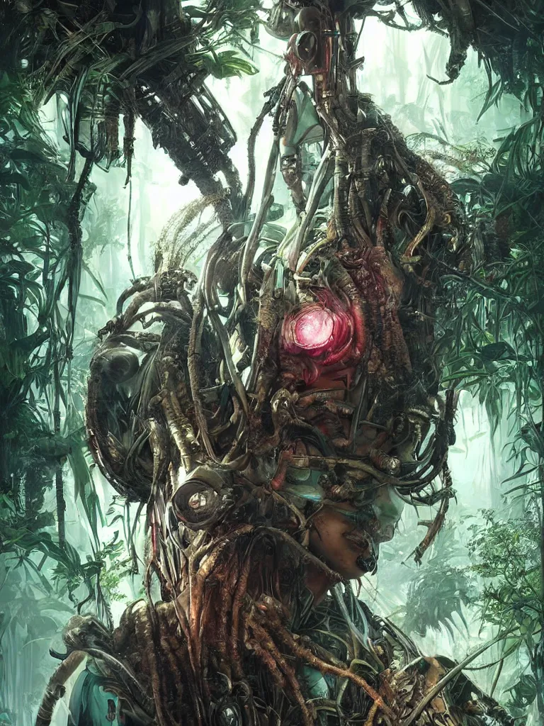 Prompt: a hyperrealistic cyberpunk portrait of a gorgeous man in the movie Predator, in a teeaming jungle with fractal sunlight, award-winning, masterpiece, in the style of Tom Bagshaw, Cedric Peyravernay, Peter Mohrbacher