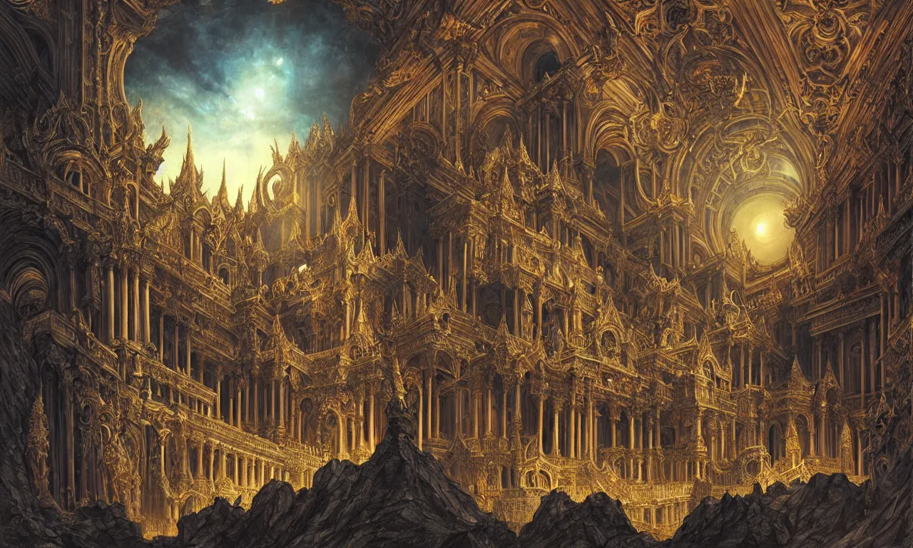 Prompt: A Spectacular IMAX View of the Grand Palace of the Kings of Hell, art by Gustav Dorê and Marc Simonetti and Giovanni Paolo Panini