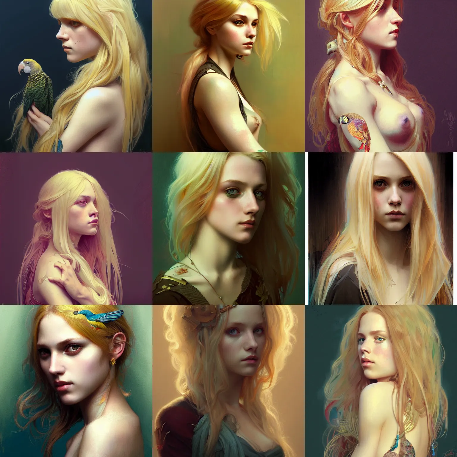 Prompt: portrait of a young blonde girl, parrot, alternative, grunge, upper body, long hair, intricate, highly detailed, digital painting, artstation, concept art, matte, sharp focus, illustration, art by artgerm and greg rutkowski and alphonse mucha