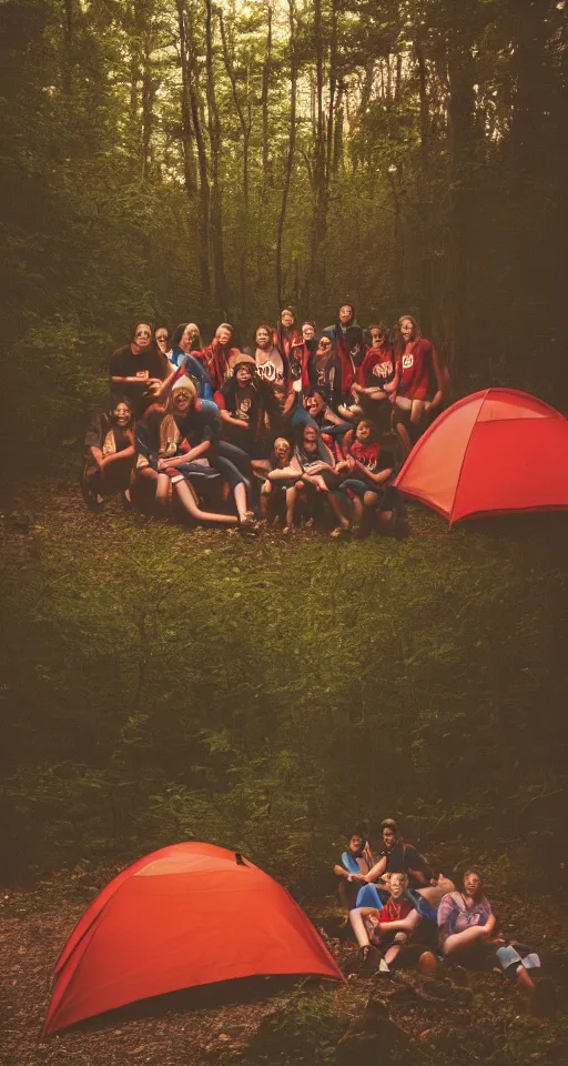 Prompt: polaroid photo of 9 0's highschool teenagers camping in the woods by a river holding red cups, sunset, campfire, realistic, grainy image, iso 1 6 0 0, blurred