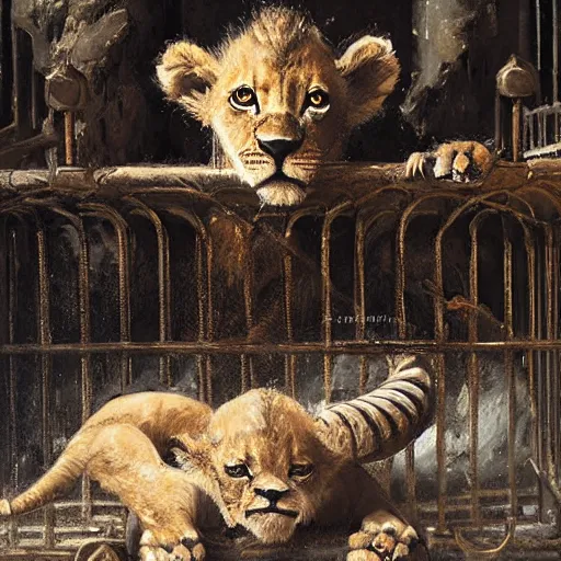 Prompt: cute lion cub with a scorpion tail in a cage on a medieval fantasy market, oil painting, manticor cub, by greg rutkowski