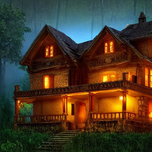 Image similar to manor in the miffle of the forest, at night, light flowing through the windows, cinematic, fantasy