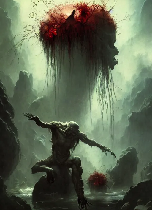 Image similar to shackled in styx river of the underworld, frank frank frazetta and cgsociety, stunning sasquatch, blood splatters, charlie bowater and tom bagshaw, insanely detailed, deviantart, space art, atoms surrounded by skulls, death, and spirits flying, water fall, horror, sci - fi, surrealist painting, by peter mohrbacher