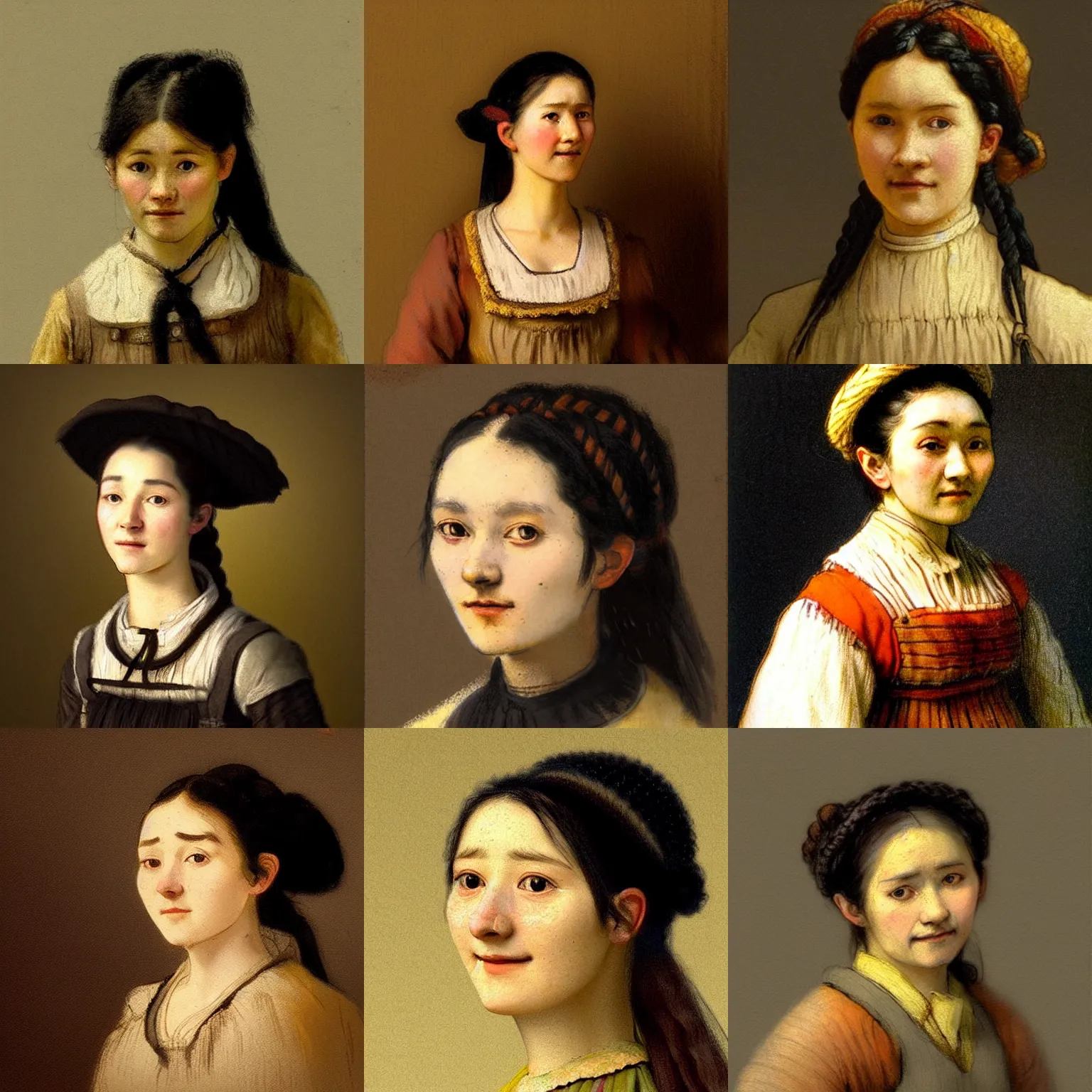 Prompt: a sadly smiling black haired, young hungarian peasant woman from the 19th century who looks very similar to Lee Young Ae with a hair braid, detailed, pastelcolours, concept art by Rembrandt and Csók István