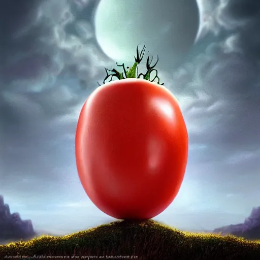 Image similar to a beautiful matte painting of a very sad tomato in a fantasy landscape, by steve argyle and mark arian