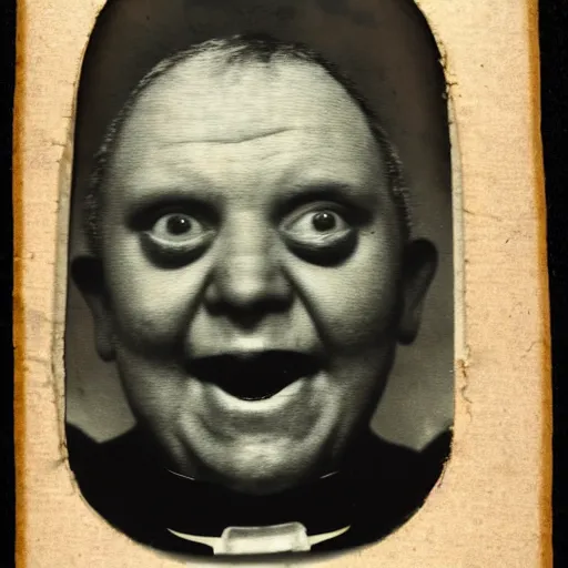 Image similar to antique photograph of an evil catholic priest, cracked and faded photo paper, morbidly obese, crazy eyes wide open, horror, staring at the camera with hate, headshot, dark background, low light, dark