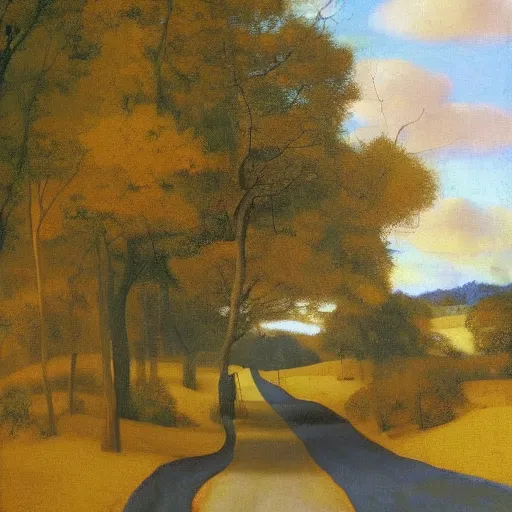 Image similar to \'The road to the autumn rainbow\' a photorealistic oil acrylic painting by Johannes Vermeer