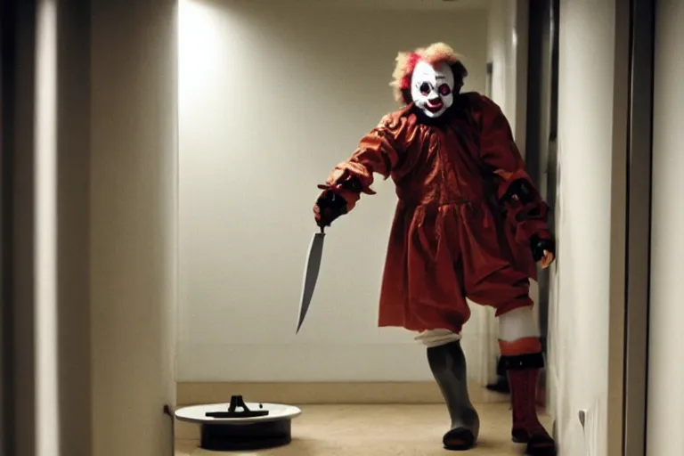 Image similar to cute clown cosplayer holding knife in porcelain hallway, in 2 0 5 5, y 2 k cybercore, low - light photography, bathed in the glow of a crt monitor, still from a ridley scott movie