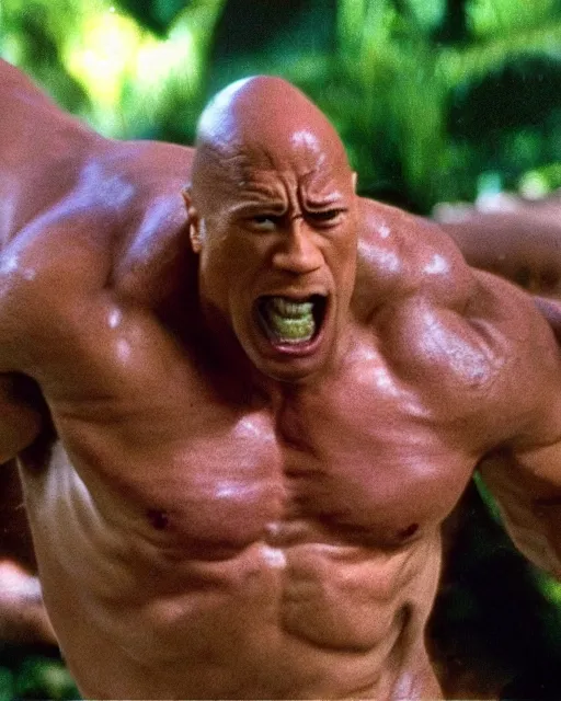 Prompt: Film still close-up shot of Dwayne Johnson in the movie Jurassic Park. Photographic, photography