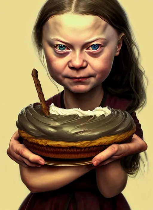 Image similar to portrait of greta thunberg as a medieval goblin eating cakes, beautiful face, hyper realistic, highly detailed, digital painting, artstation, illustration, concept art by hyung tae and frank frazetta, digital paint, matte paint, washed colors, dark, gloomy