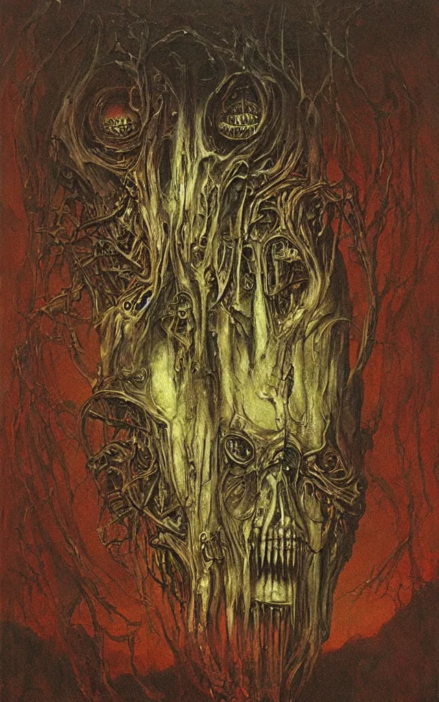 Prompt: Painting of Necronomicon by H.R.Giger and Zdzislaw Beksinski