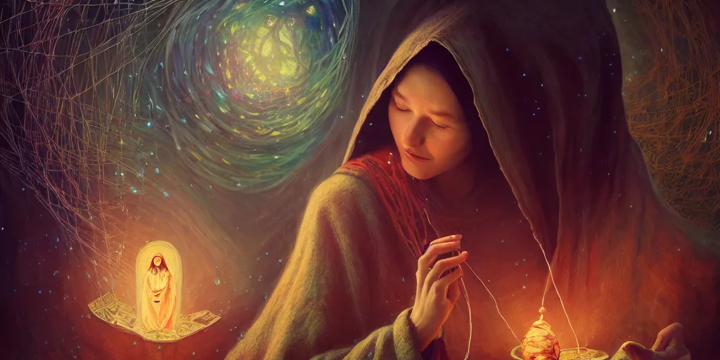 Image similar to old hooded woman weaving the strings of the multiverse, epic scene, dramatic, multiverse, highly detailed, high quality, 8 k, 4 k, octane render, digital painting, alena aenami, lilia alvarado, shinji aramaki, karol bak, alphonse mucha, tom bagshaw