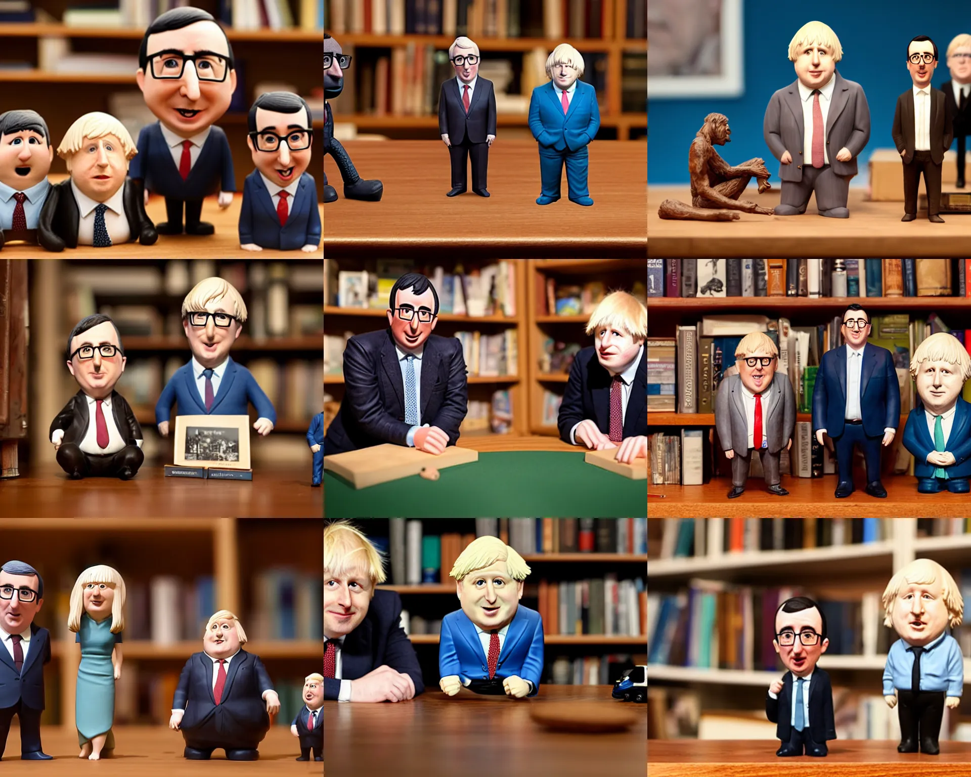 Prompt: John Oliver and boris johnson figurine collection by Pixar sad bokeh on wooden table
