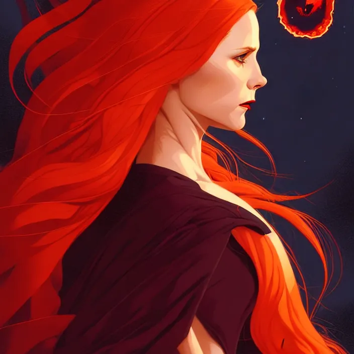 Image similar to style artgerm, joshua middleton, gerald brom, beautiful kristen bell with dark red dress, very long orange hair, symmetrical face, symmetrical eyes, fire powers fire swirling, detailed, volcano setting, cinematic lighting