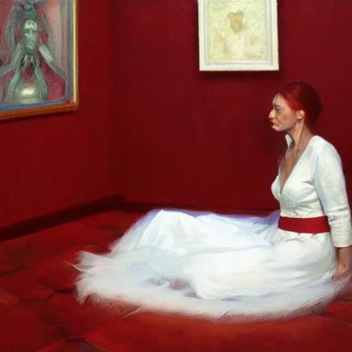 Image similar to woman wearing red, in a white room, by donato giancola.