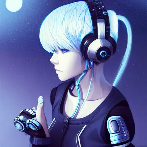 Image similar to cyborg - girl with silver hair, wearing headphones, and sitting on a window sill, highly detailed, painting, dark blue and black color palette, intricate, high quality anime artstyle, in the style of ross tran