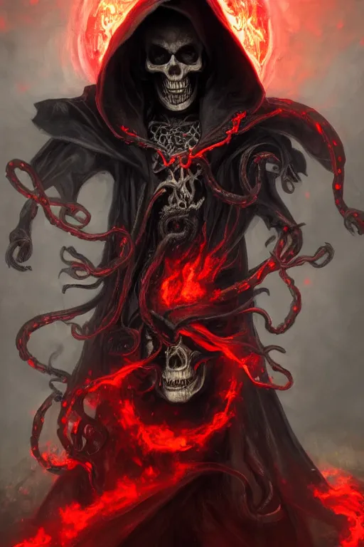 Prompt: A full body portrait of a mysterious character with a flaming skull with a very long hooded blood red and black cloak, tentacles coming out the ground art by Jason Chan and Gilles Beloeil, ominous, cosmic horror, trending on artstation, Ultra detailed, hyper realistic 4k